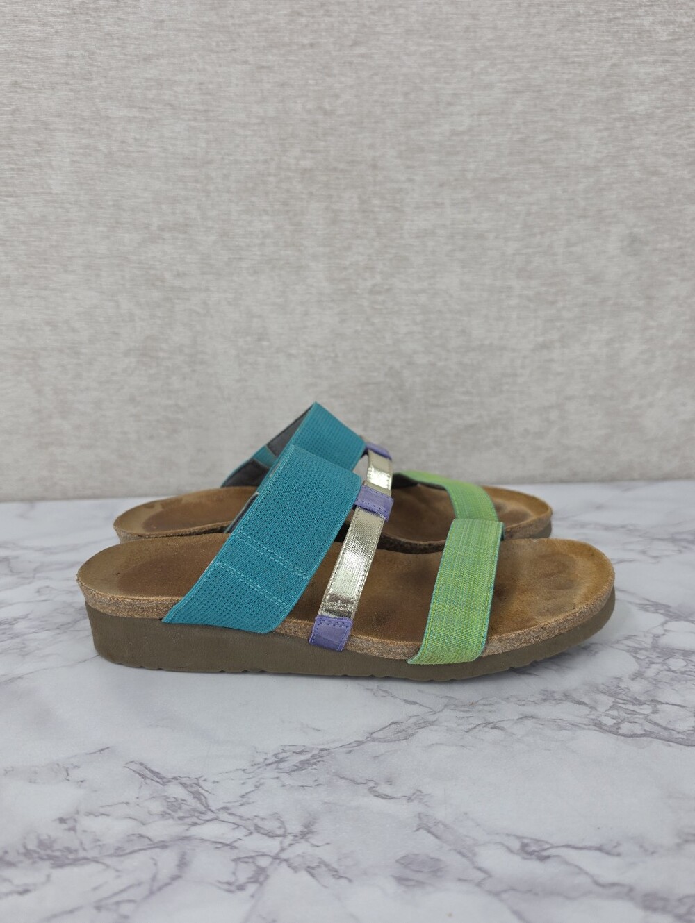 Naot Cork Wedge Slude Sandals Blue Green Periwinkle Straps